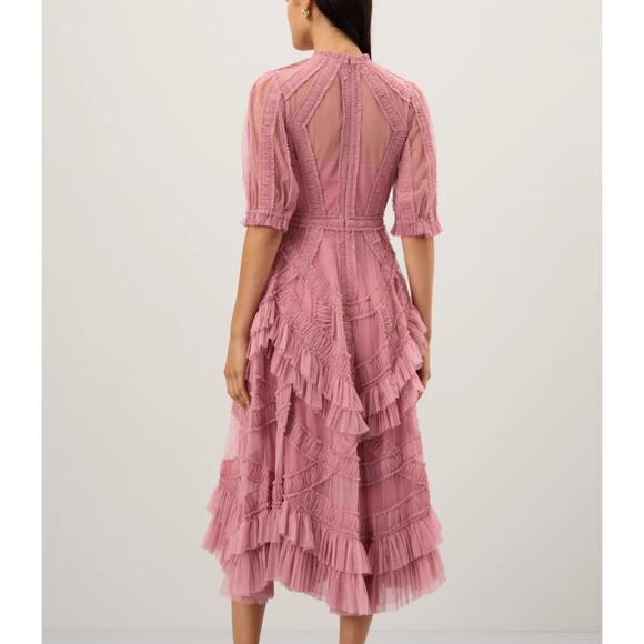 Mac Duggal Pink Mesh Tiered Ruffle Midi Dress SIZE 8 Romantic Designer $700 - Picture 3 of 13